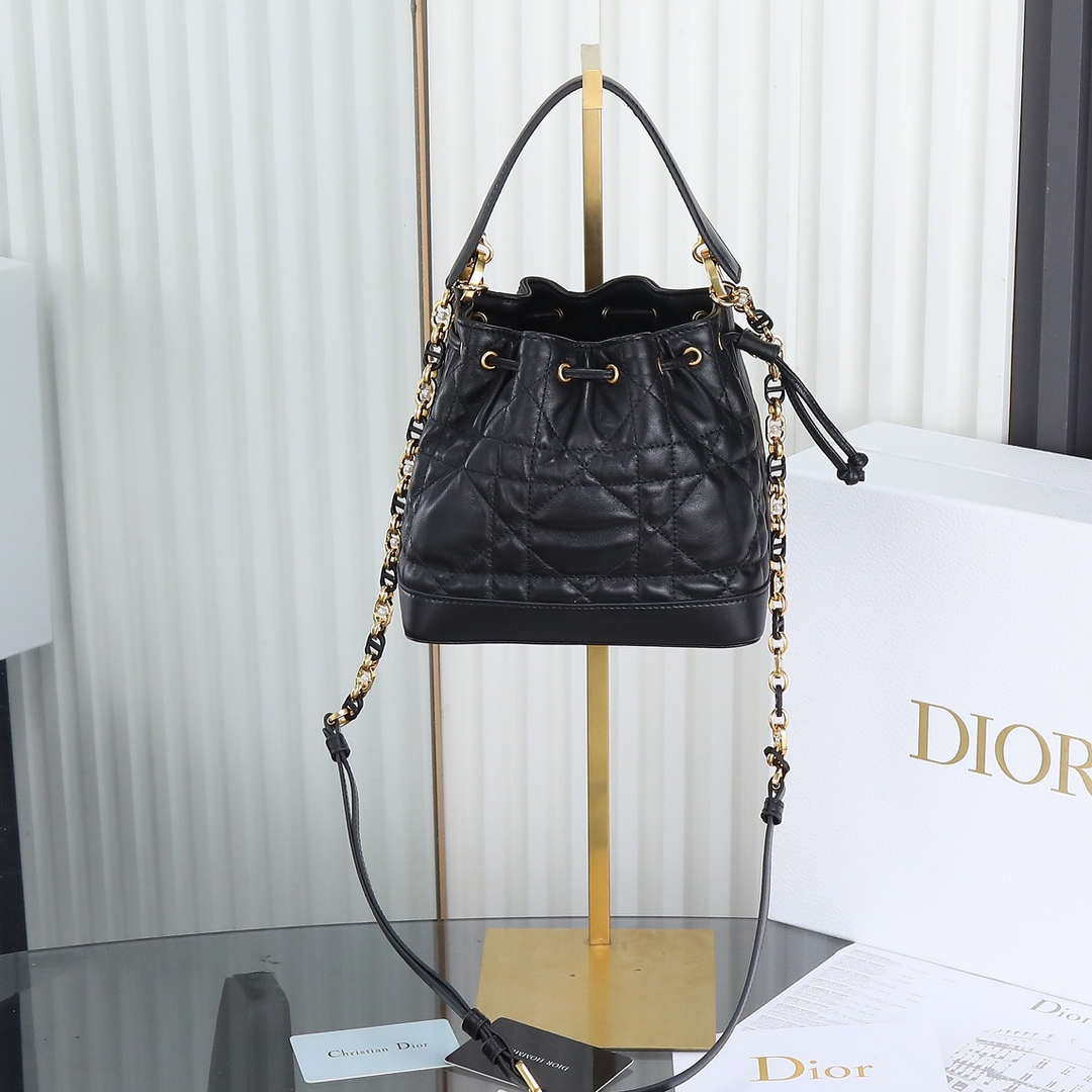 Dior Mini Caro Bucket Bag Powder Black Macrocannage Lambskin M3369