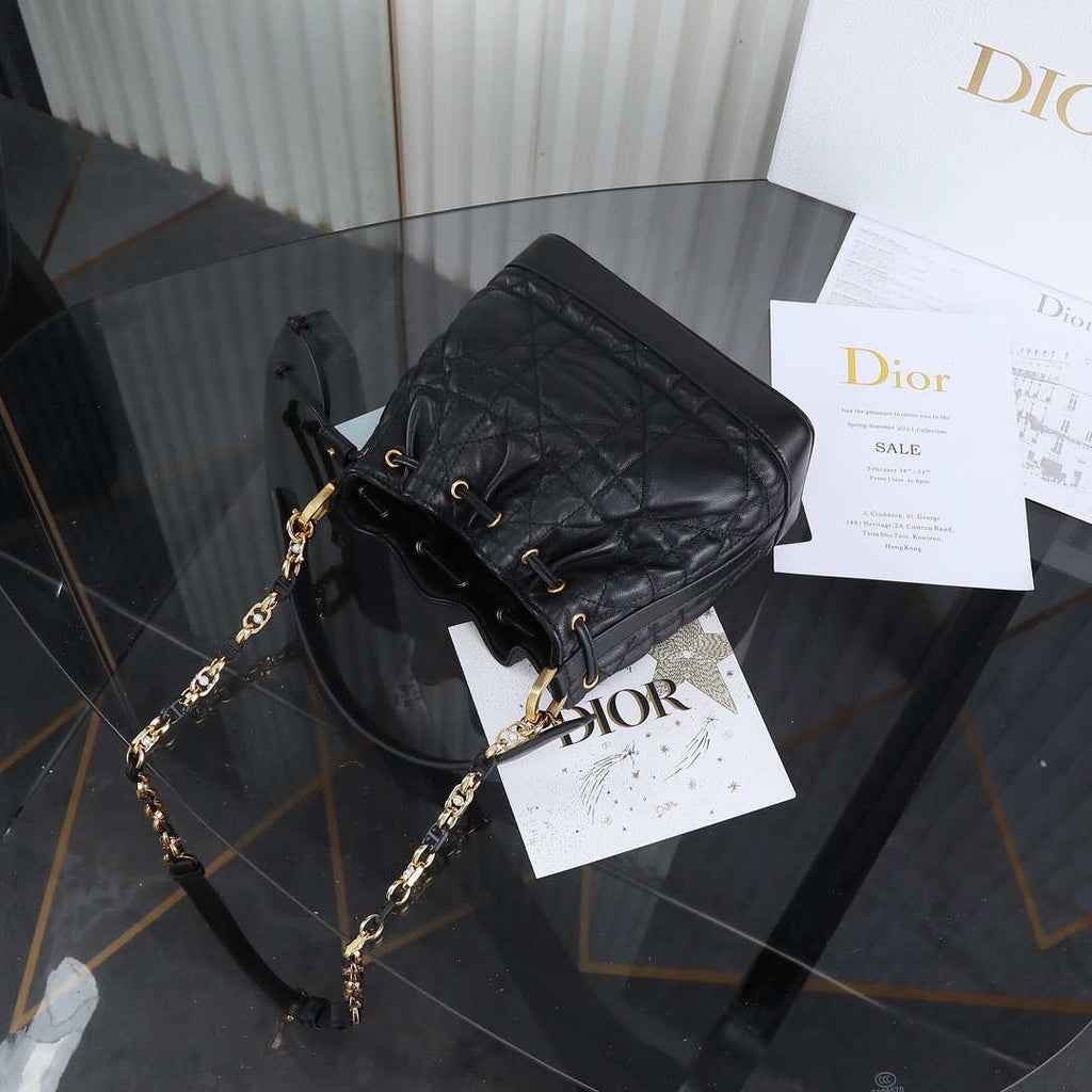 Dior Mini Caro Bucket Bag Powder Black Macrocannage Lambskin M3369