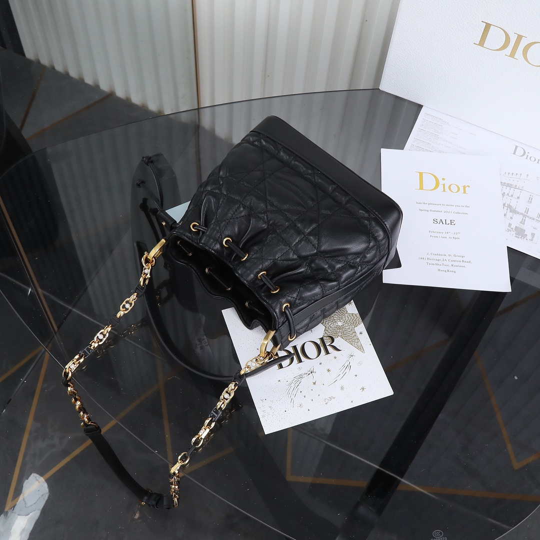 Dior Mini Caro Bucket Bag Powder Black Macrocannage Lambskin M3369