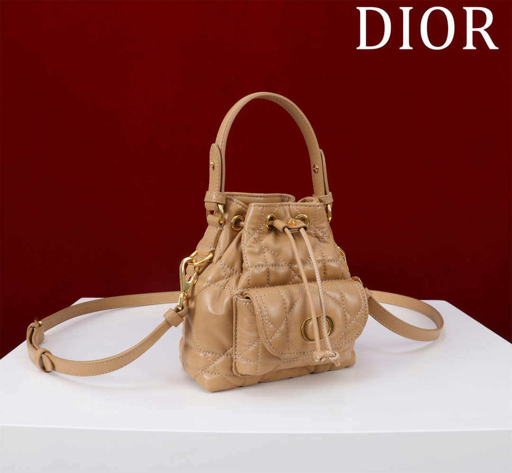 Dior Mini Caro Bucket Bag Powder Brown Macrocannage Lambskin M3369