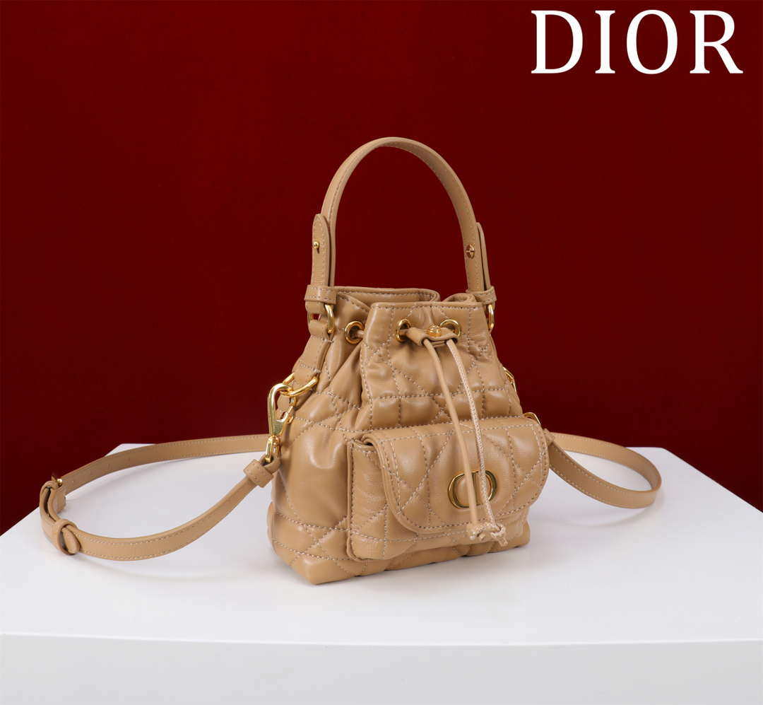 Dior Mini Caro Bucket Bag Powder Brown Macrocannage Lambskin M3369