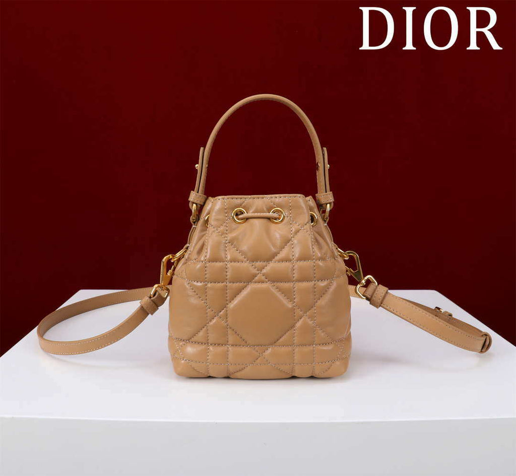 Dior Mini Caro Bucket Bag Powder Brown Macrocannage Lambskin M3369