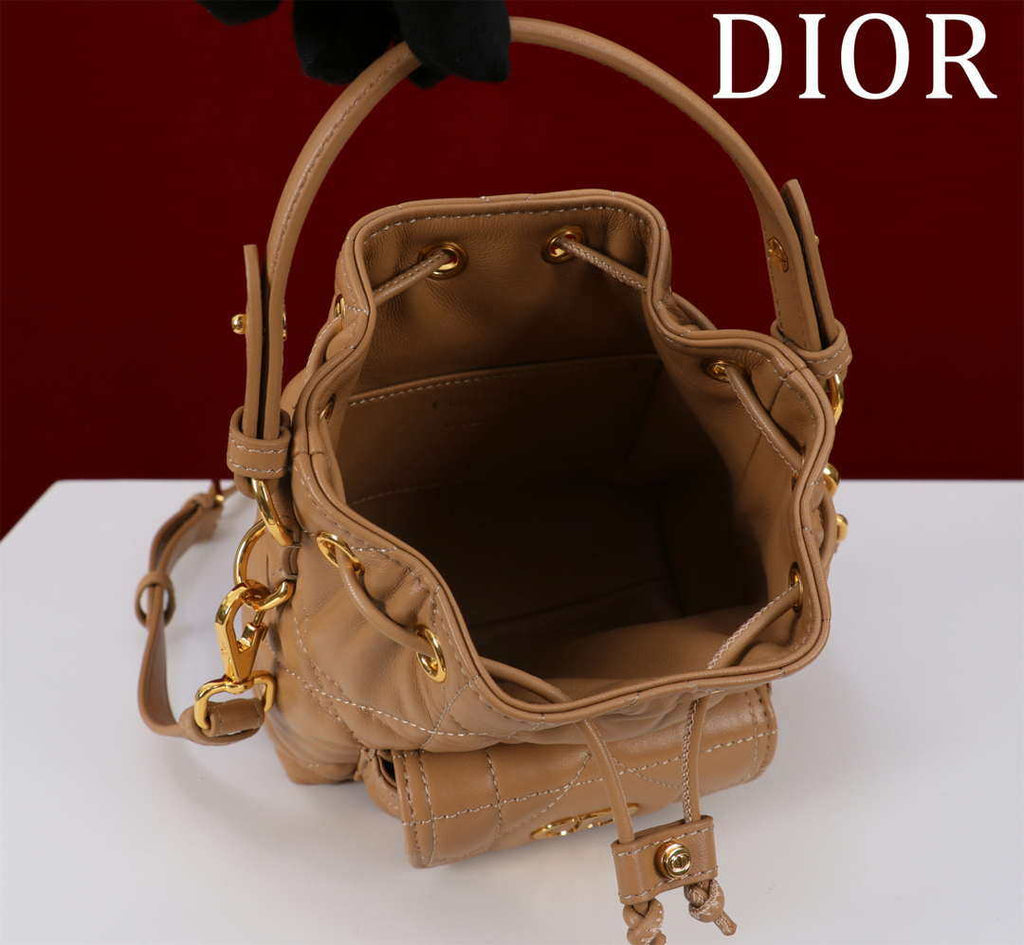 Dior Mini Caro Bucket Bag Powder Brown Macrocannage Lambskin M3369