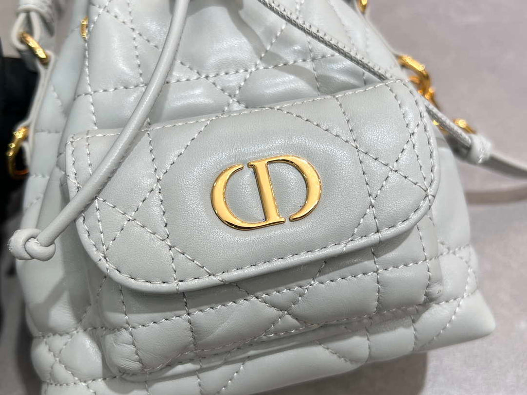 Dior Mini Caro Bucket Bag Powder Gray Blue Macrocannage Lambskin M3369