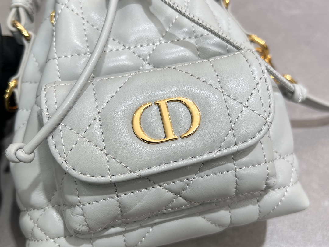 Dior Mini Caro Bucket Bag Powder Gray Blue Macrocannage Lambskin M3369