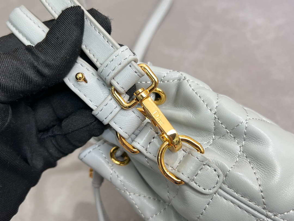 Dior Mini Caro Bucket Bag Powder Gray Blue Macrocannage Lambskin M3369