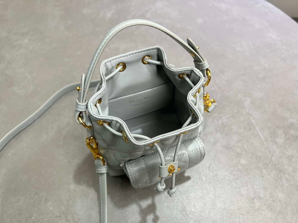 Dior Mini Caro Bucket Bag Powder Gray Blue Macrocannage Lambskin M3369
