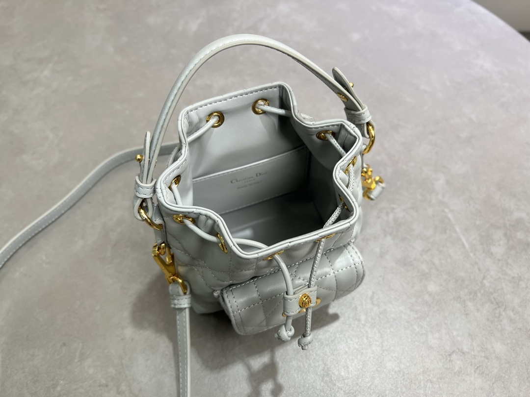 Dior Mini Caro Bucket Bag Powder Gray Blue Macrocannage Lambskin M3369