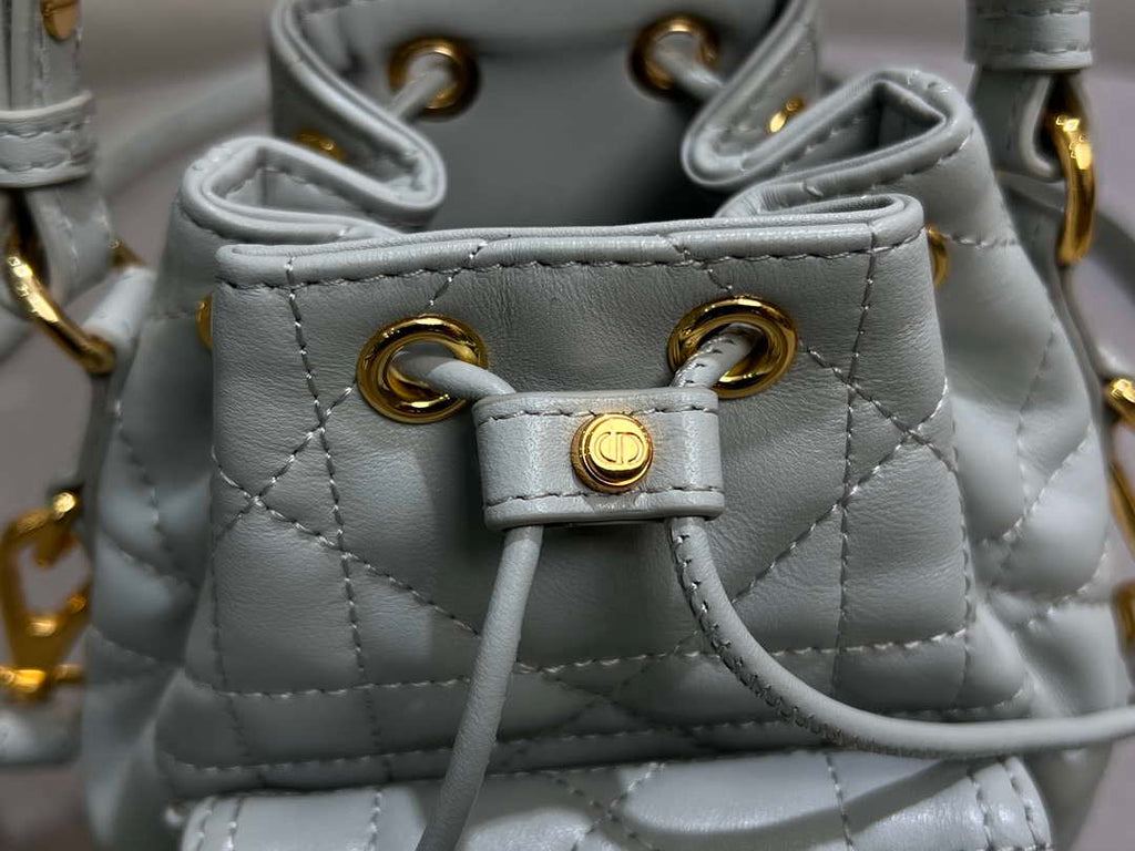 Dior Mini Caro Bucket Bag Powder Gray Blue Macrocannage Lambskin M3369