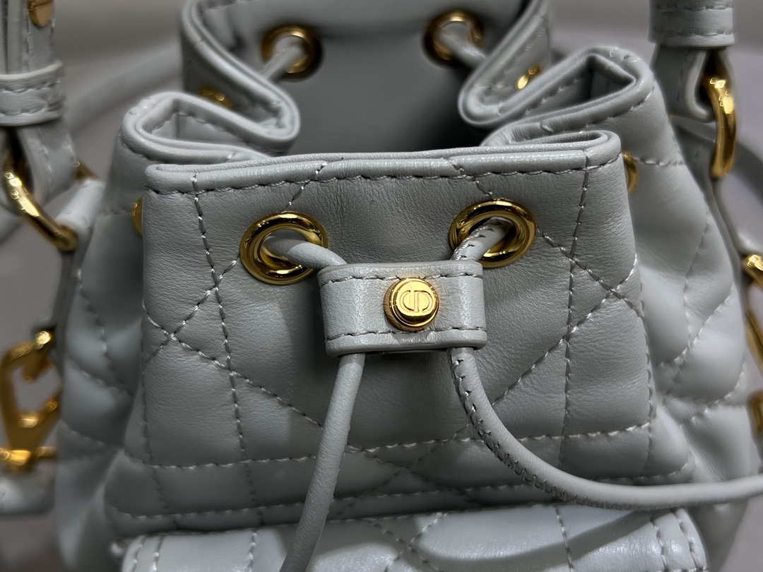 Dior Mini Caro Bucket Bag Powder Gray Blue Macrocannage Lambskin M3369