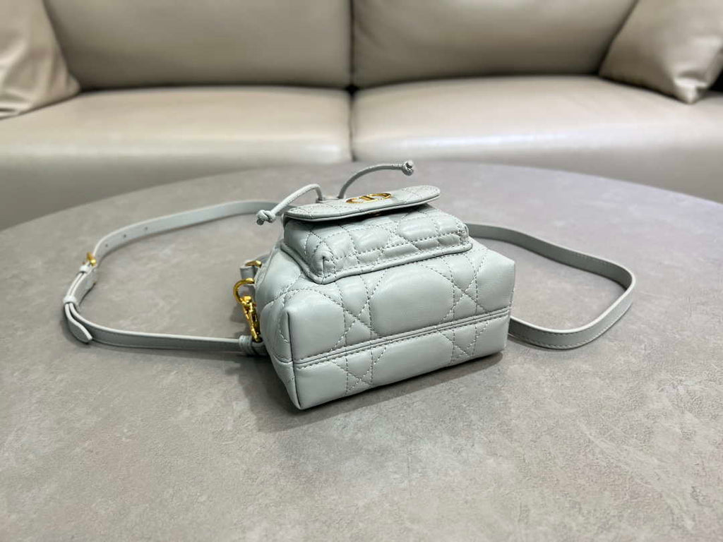 Dior Mini Caro Bucket Bag Powder Gray Blue Macrocannage Lambskin M3369