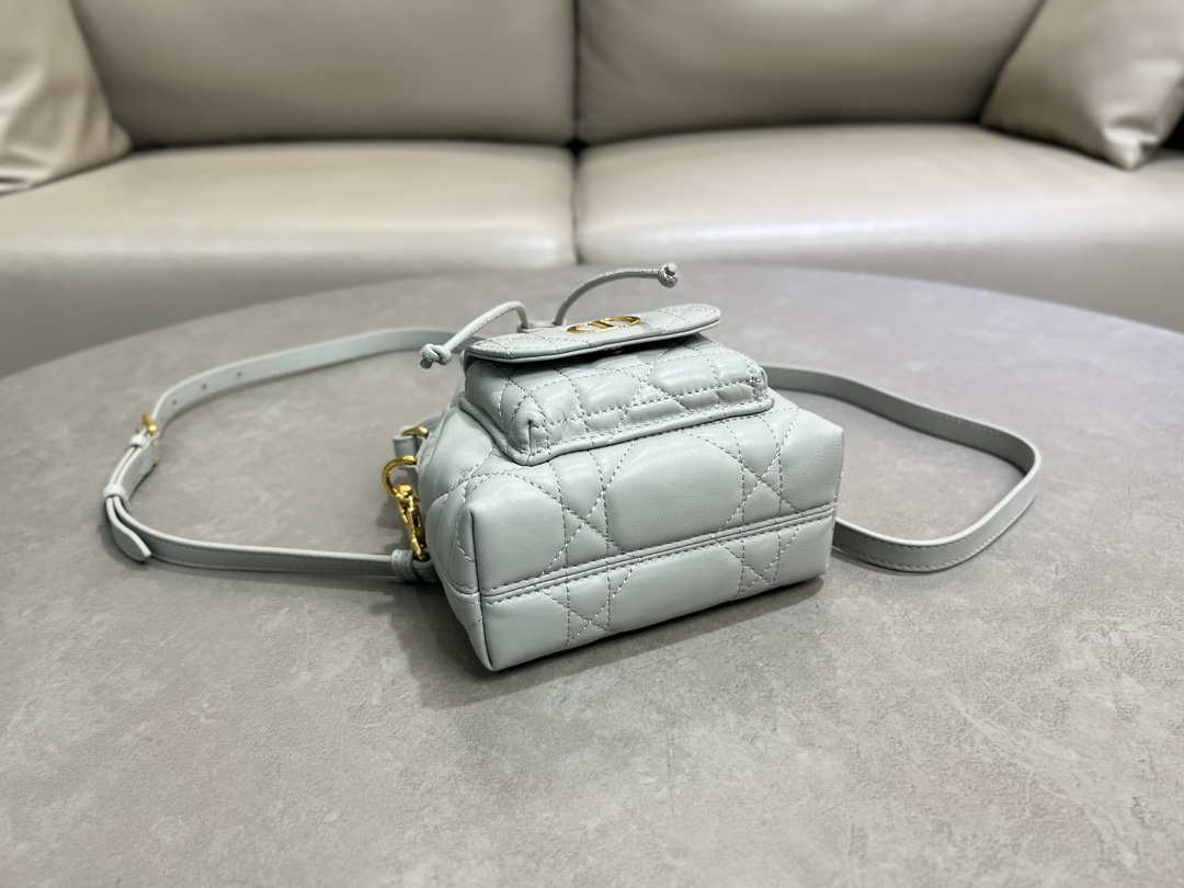 Dior Mini Caro Bucket Bag Powder Gray Blue Macrocannage Lambskin M3369