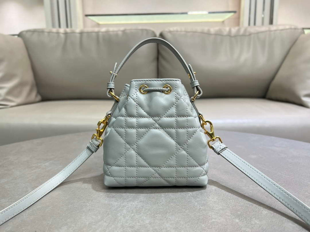 Dior Mini Caro Bucket Bag Powder Gray Blue Macrocannage Lambskin M3369
