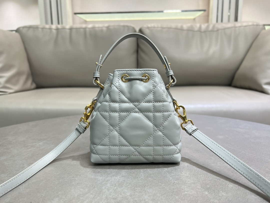 Dior Mini Caro Bucket Bag Powder Gray Blue Macrocannage Lambskin M3369