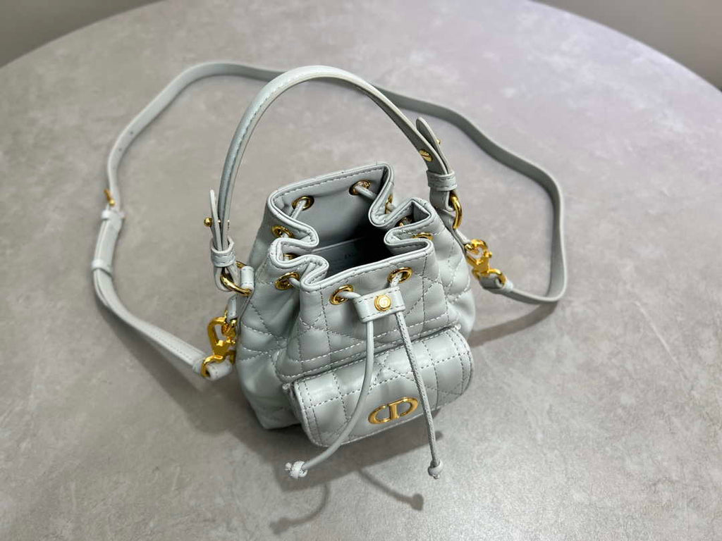 Dior Mini Caro Bucket Bag Powder Gray Blue Macrocannage Lambskin M3369