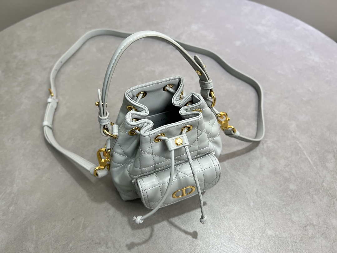 Dior Mini Caro Bucket Bag Powder Gray Blue Macrocannage Lambskin M3369