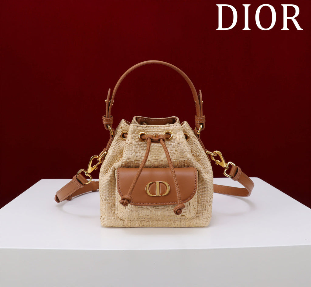Dior Mini Caro Bucket Bag Powder Natural Raffia M3369