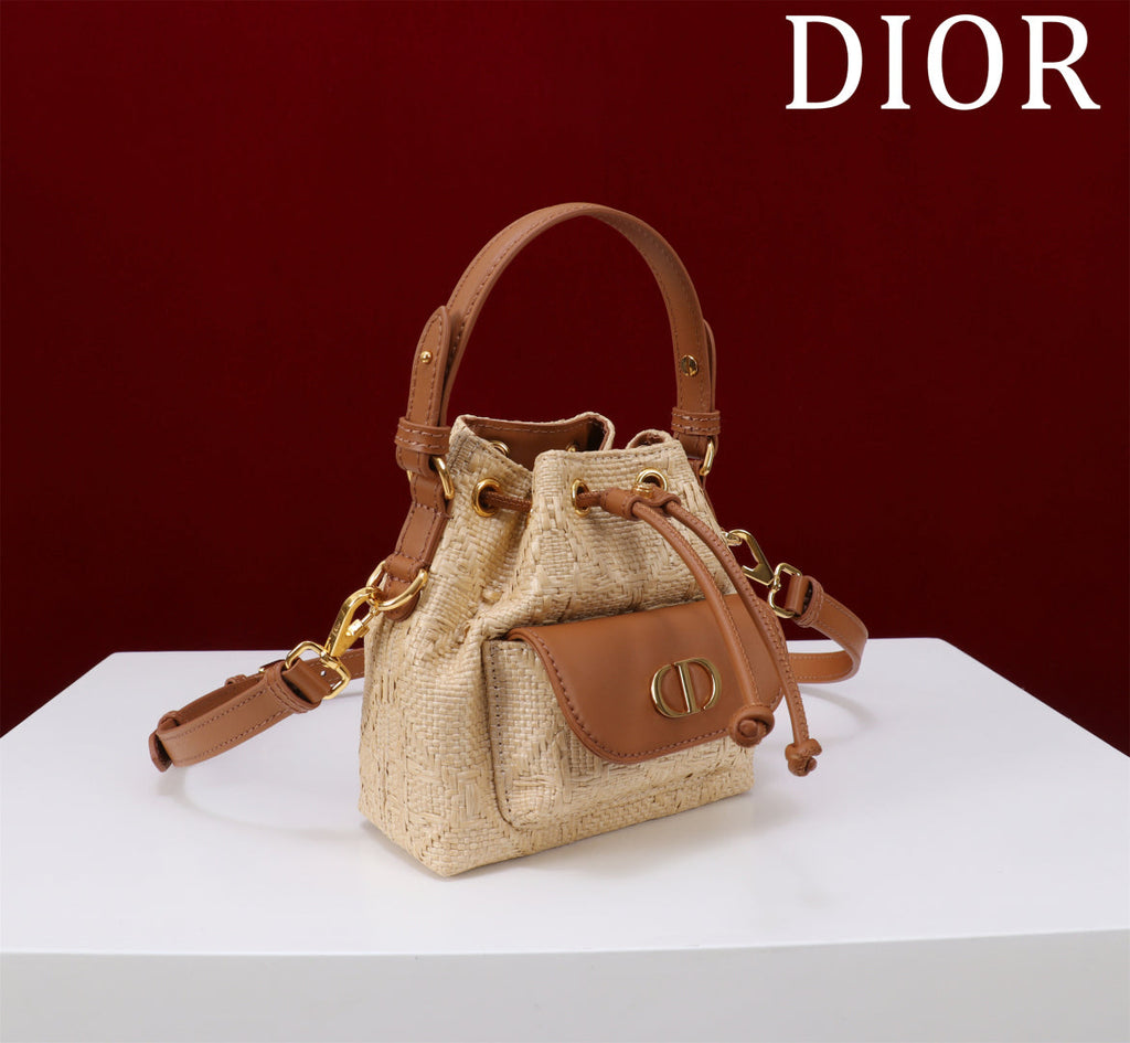 Dior Mini Caro Bucket Bag Powder Natural Raffia M3369