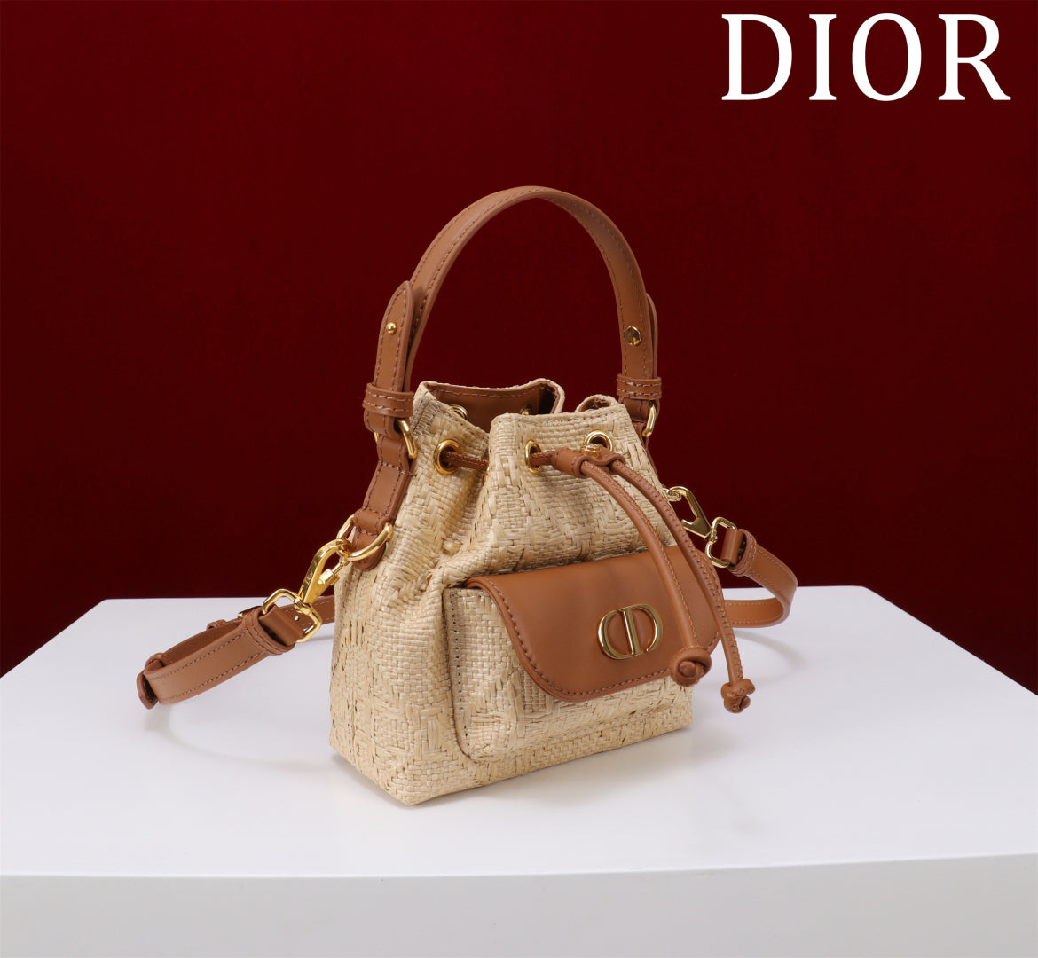 Dior Mini Caro Bucket Bag Powder Natural Raffia M3369