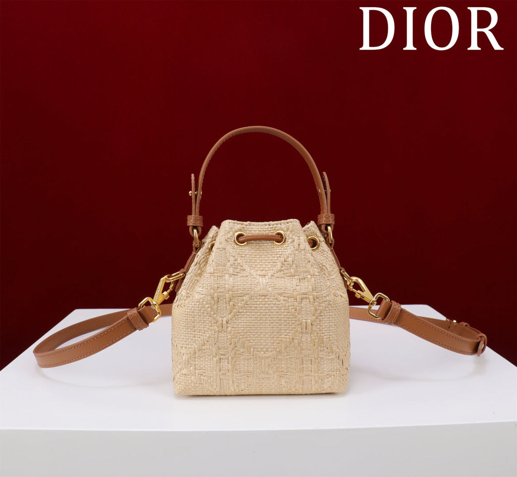 Dior Mini Caro Bucket Bag Powder Natural Raffia M3369