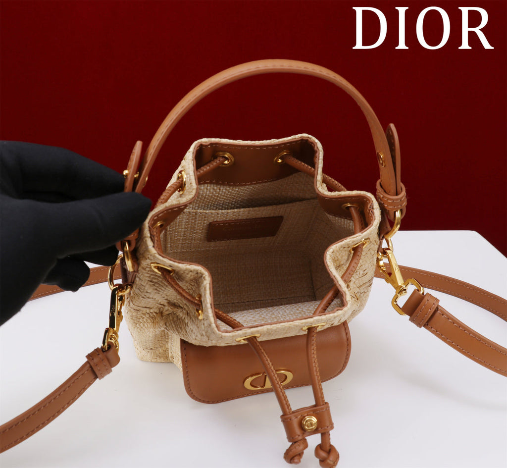 Dior Mini Caro Bucket Bag Powder Natural Raffia M3369