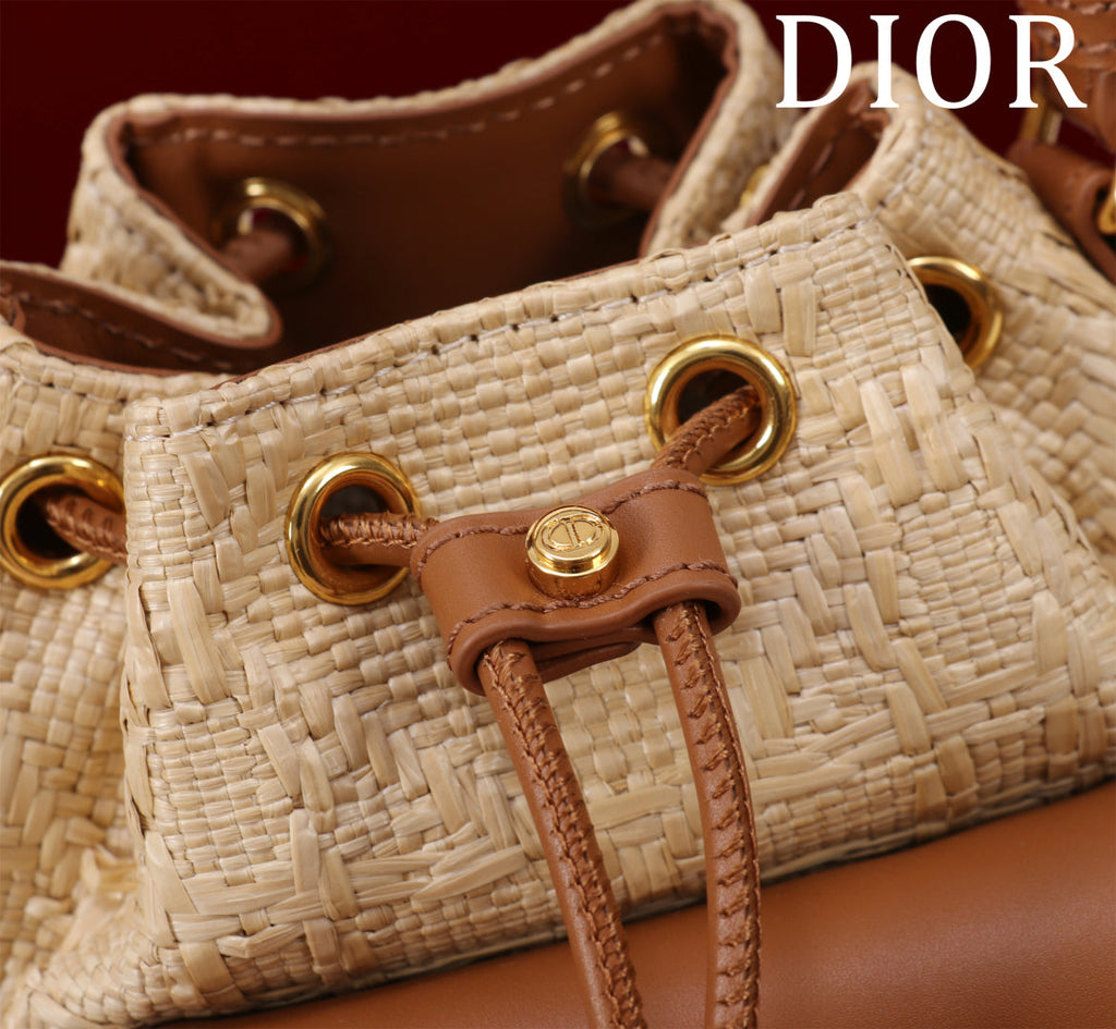Dior Mini Caro Bucket Bag Powder Natural Raffia M3369