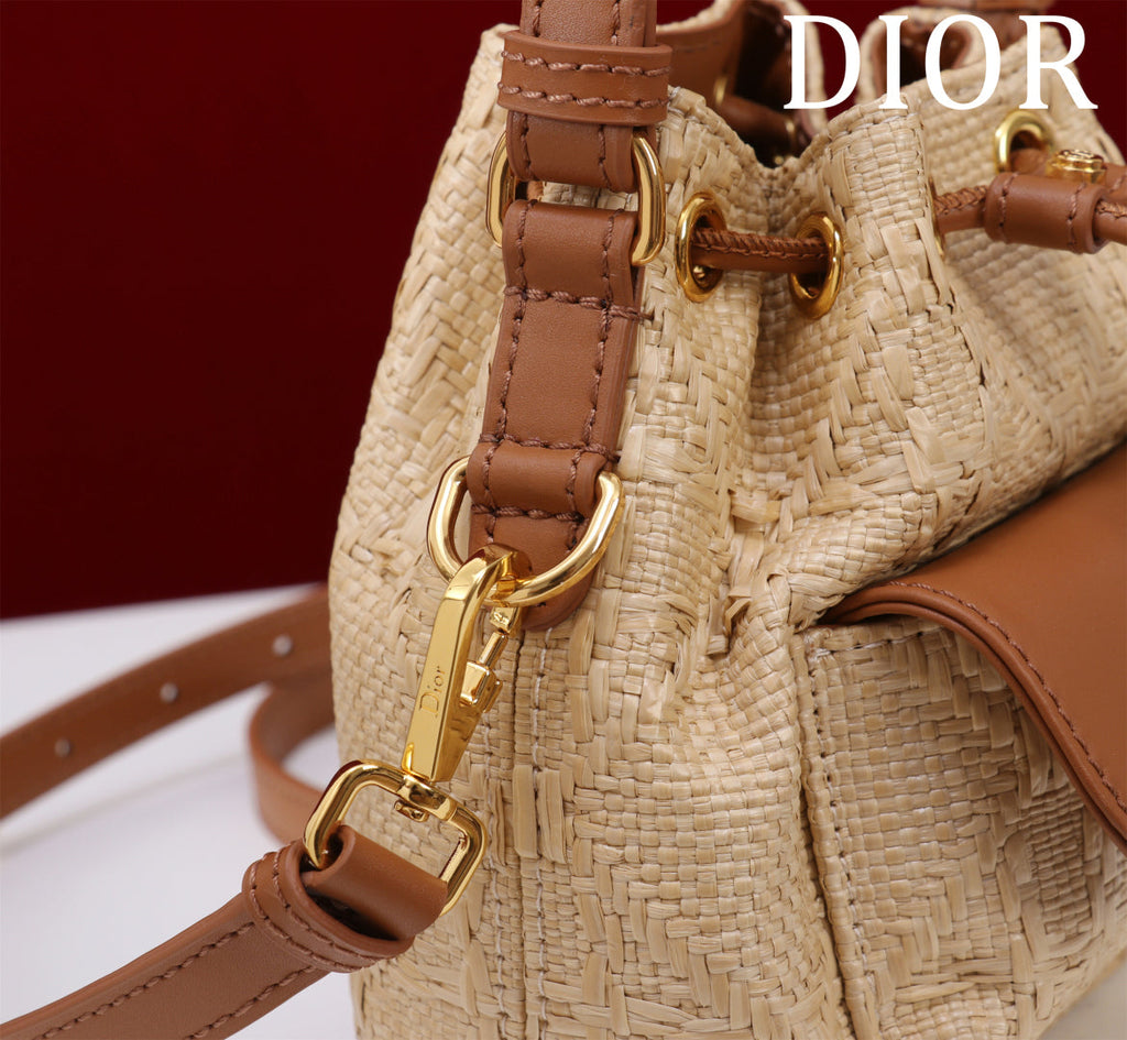Dior Mini Caro Bucket Bag Powder Natural Raffia M3369