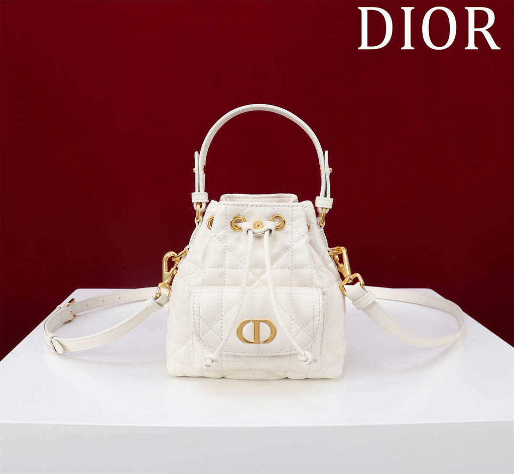 Dior Mini Caro Bucket Bag Powder White Macrocannage Lambskin M3369