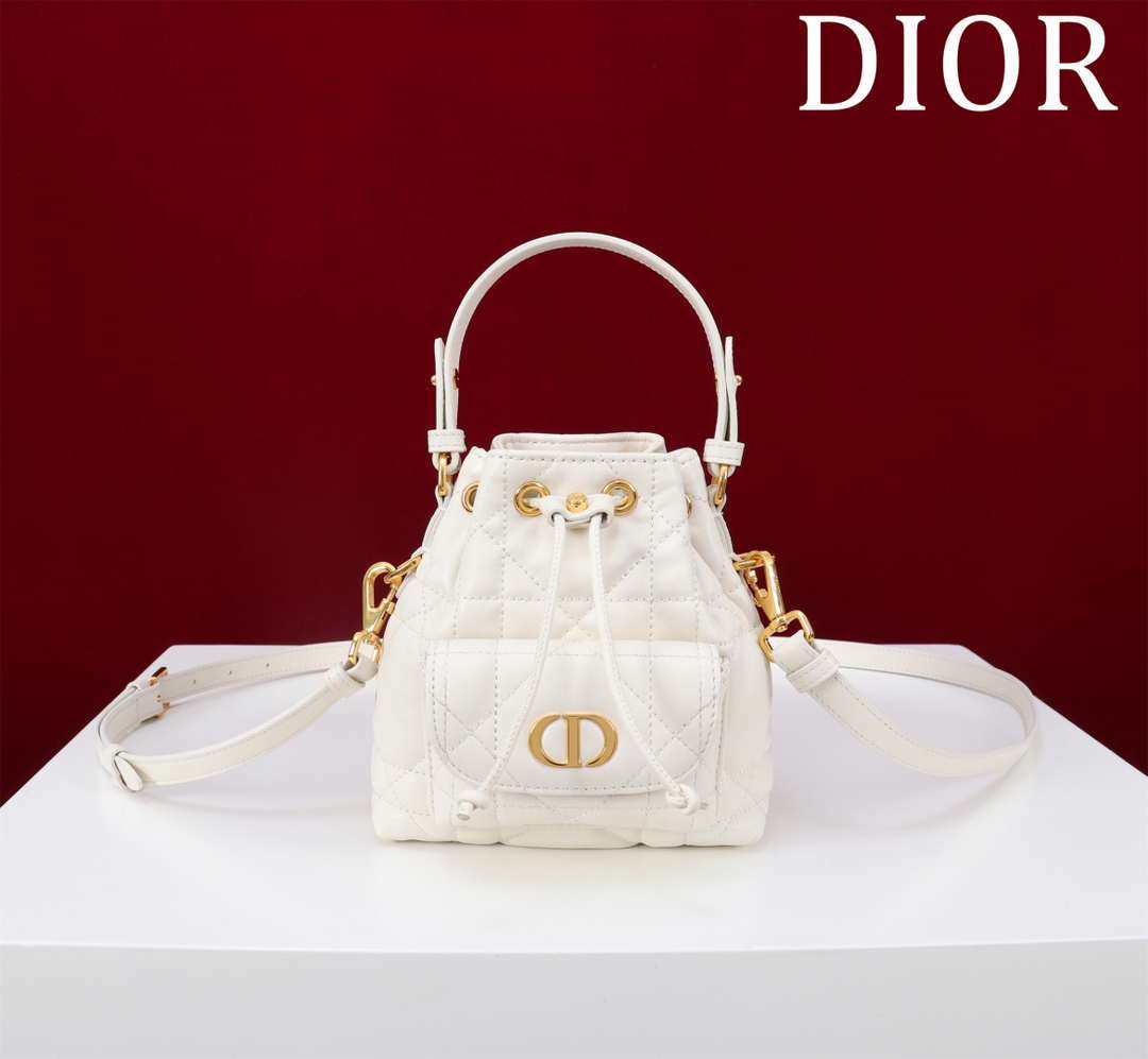 Dior Mini Caro Bucket Bag Powder White Macrocannage Lambskin M3369