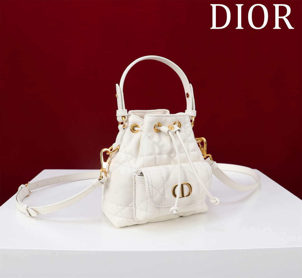 Dior Mini Caro Bucket Bag Powder White Macrocannage Lambskin M3369