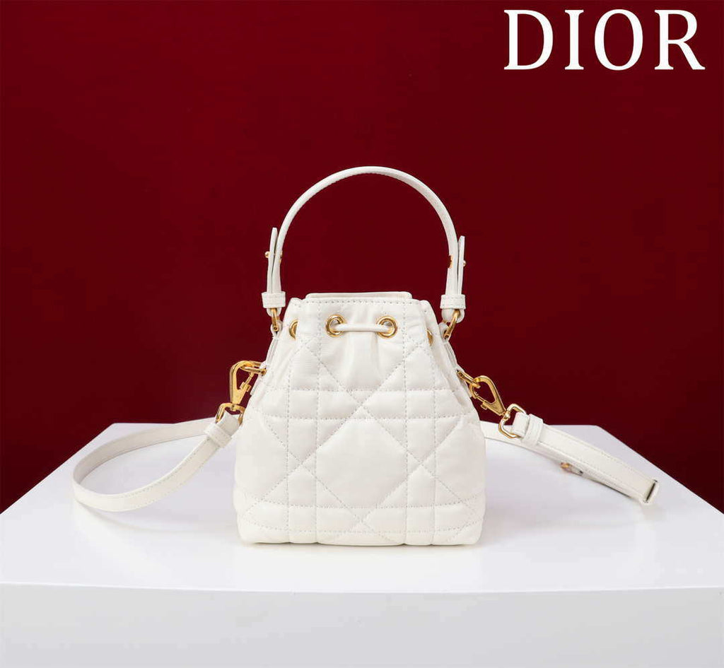 Dior Mini Caro Bucket Bag Powder White Macrocannage Lambskin M3369