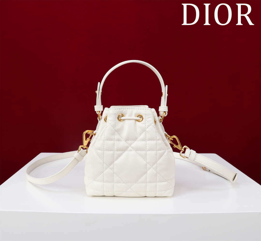 Dior Mini Caro Bucket Bag Powder White Macrocannage Lambskin M3369