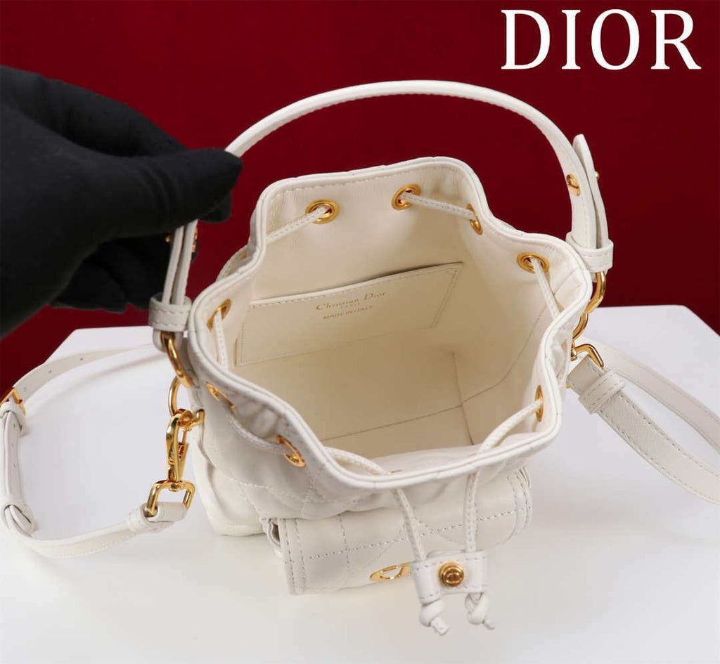 Dior Mini Caro Bucket Bag Powder White Macrocannage Lambskin M3369