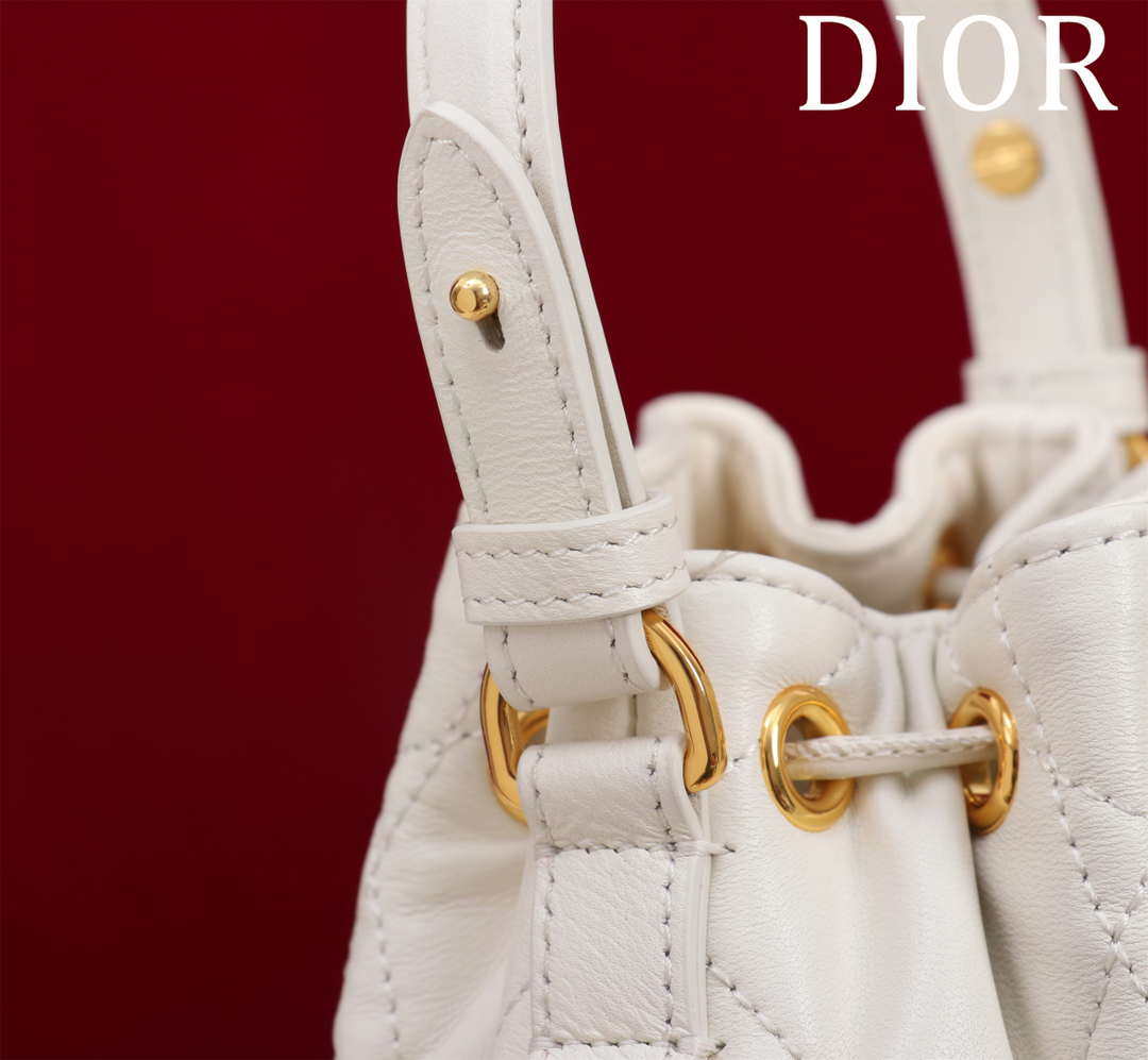 Dior Mini Caro Bucket Bag Powder White Macrocannage Lambskin M3369