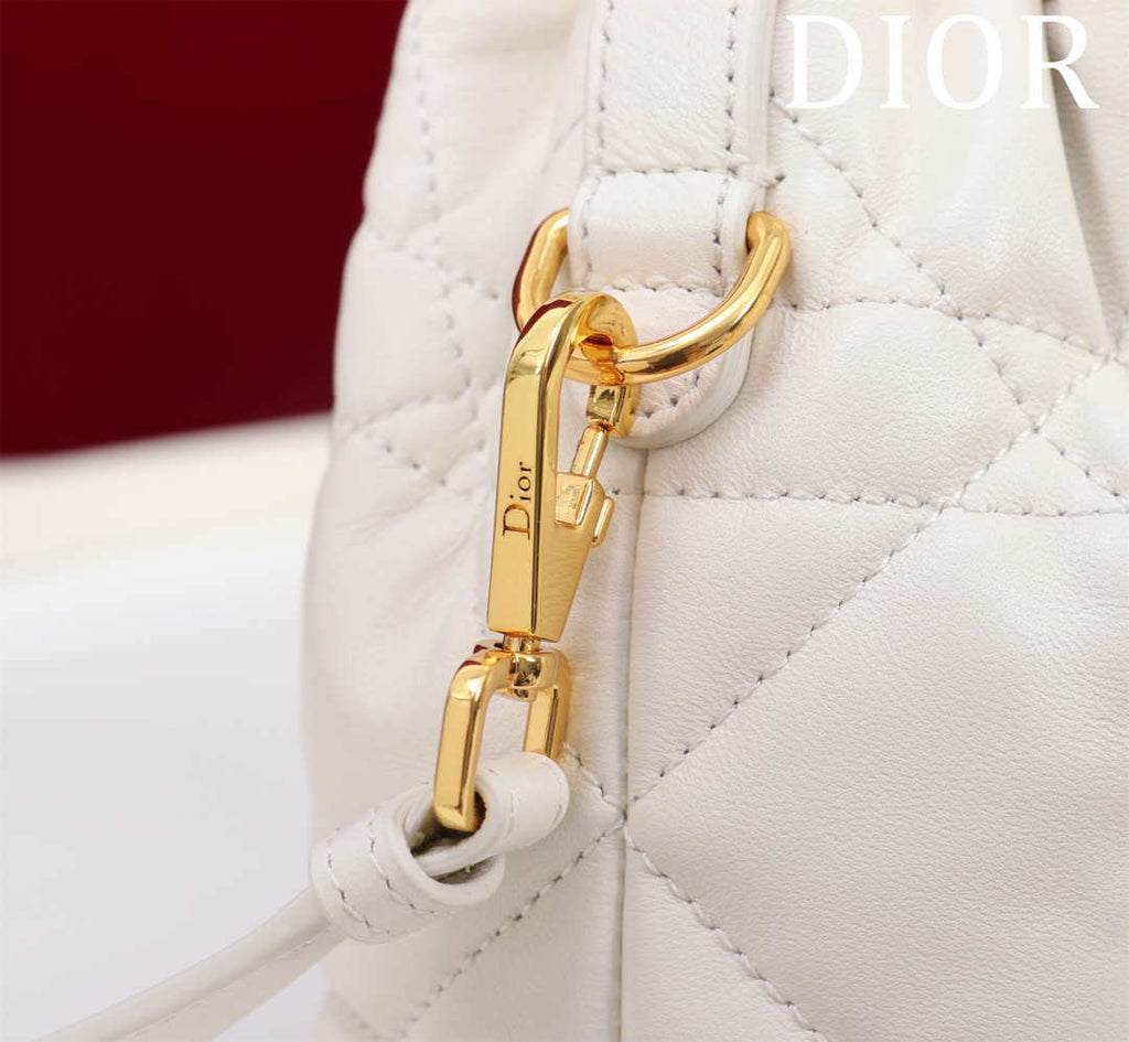 Dior Mini Caro Bucket Bag Powder White Macrocannage Lambskin M3369
