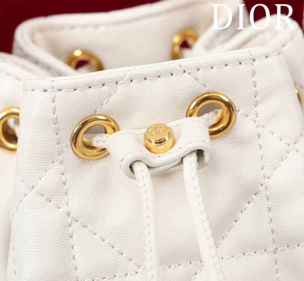 Dior Mini Caro Bucket Bag Powder White Macrocannage Lambskin M3369