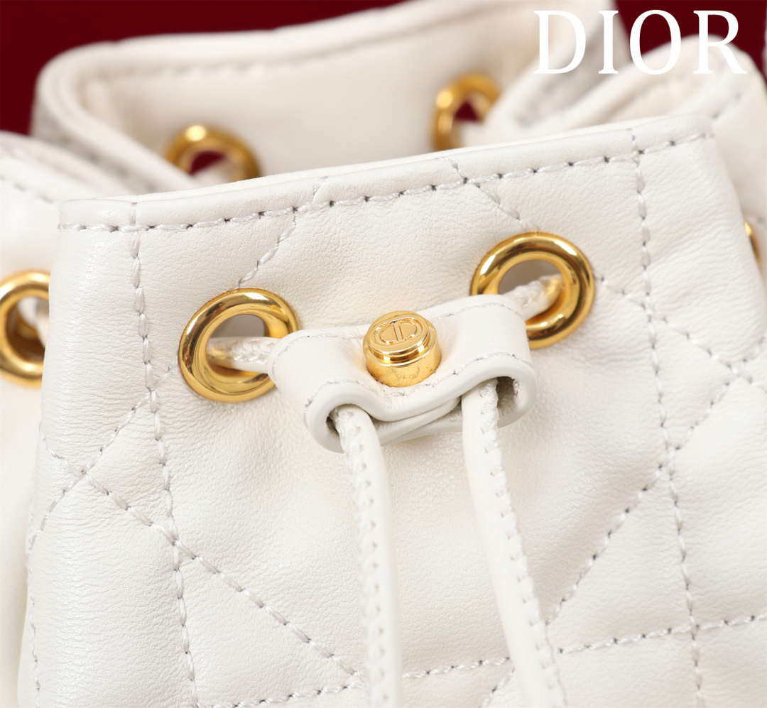 Dior Mini Caro Bucket Bag Powder White Macrocannage Lambskin M3369