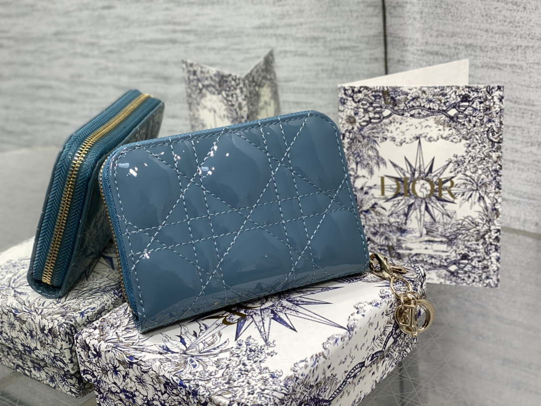 Dior S0011 Lady Dior Zipper Card Holder Medium Blue patent leather Lambskin - Default Title - View 1