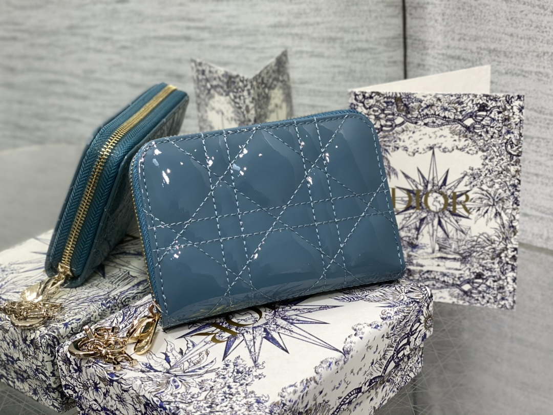Dior S0011 Lady Dior Zipper Card Holder Medium Blue patent leather Lambskin - Default Title - View 2