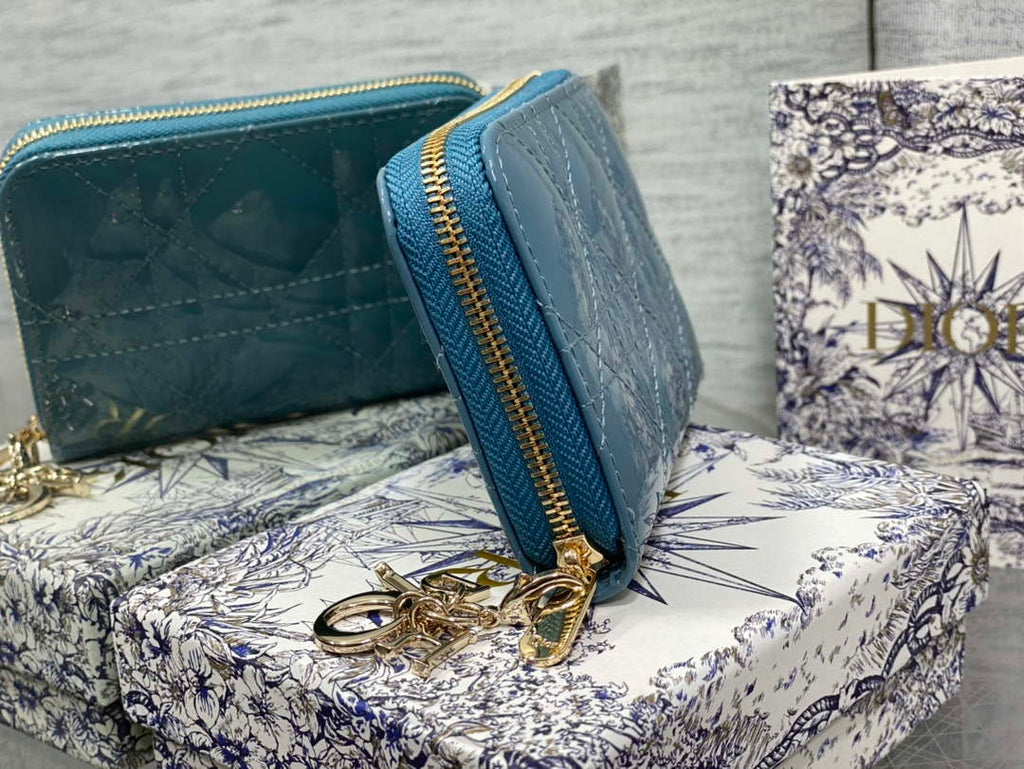 Dior S0011 Lady Dior Zipper Card Holder Medium Blue patent leather Lambskin
