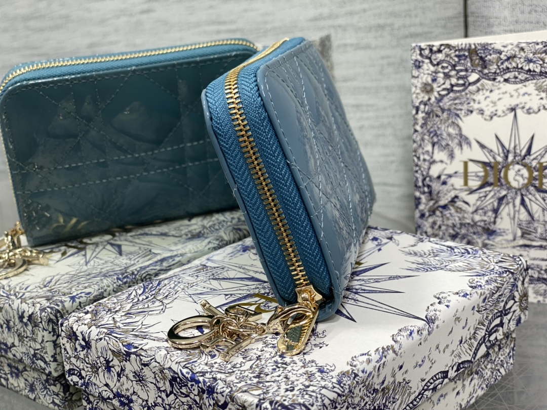 Dior S0011 Lady Dior Zipper Card Holder Medium Blue patent leather Lambskin - Default Title - View 3