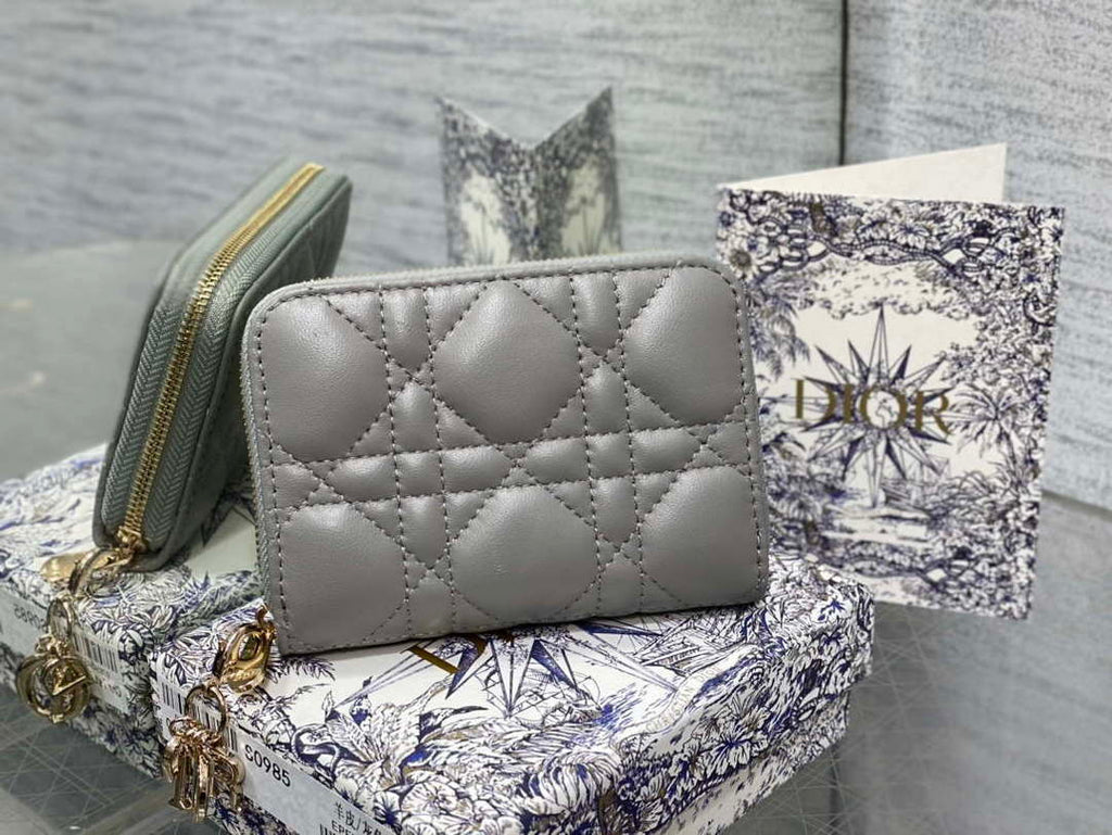 Dior S0011 Lady Dior Zipper Card Holder Medium Gray Cannage Lambskin