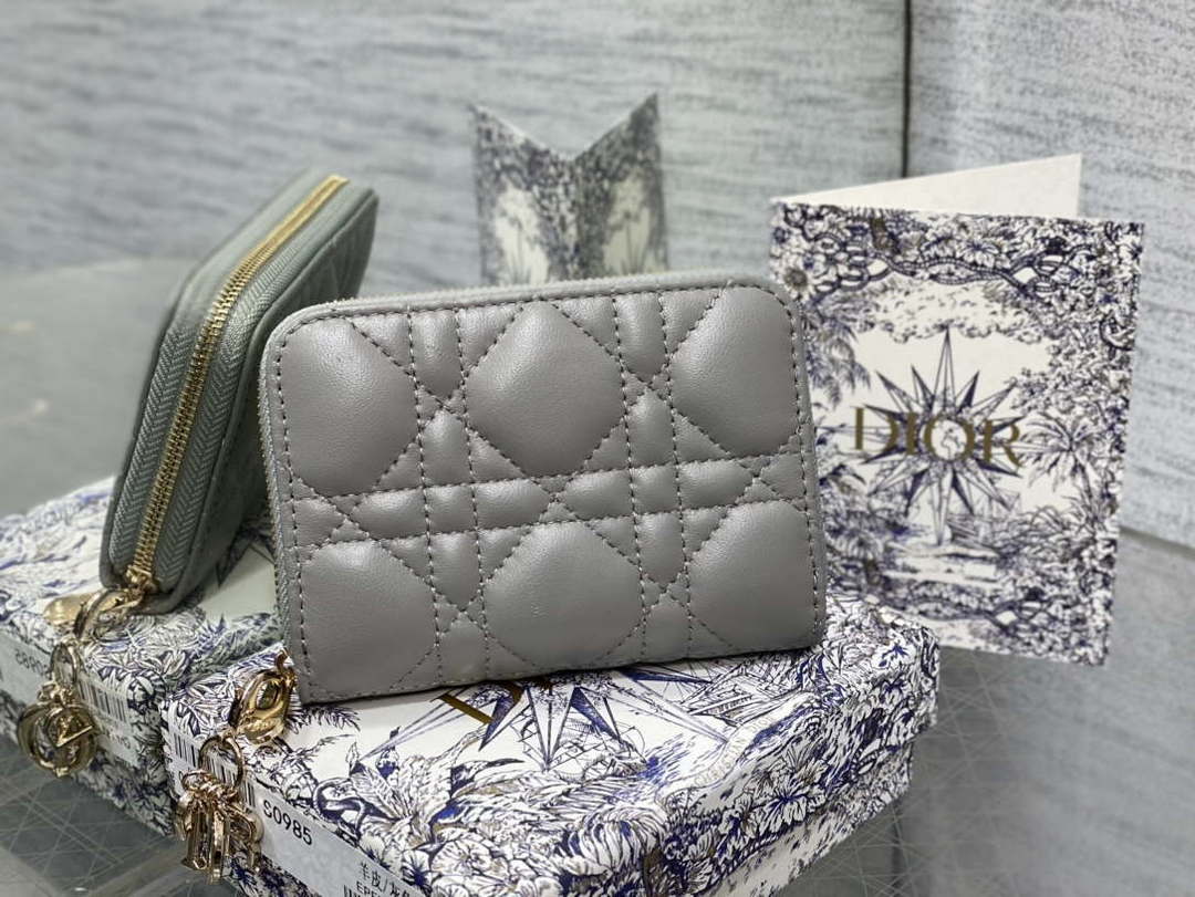 Dior S0011 Lady Dior Zipper Card Holder Medium Gray Cannage Lambskin - Default Title - View 2