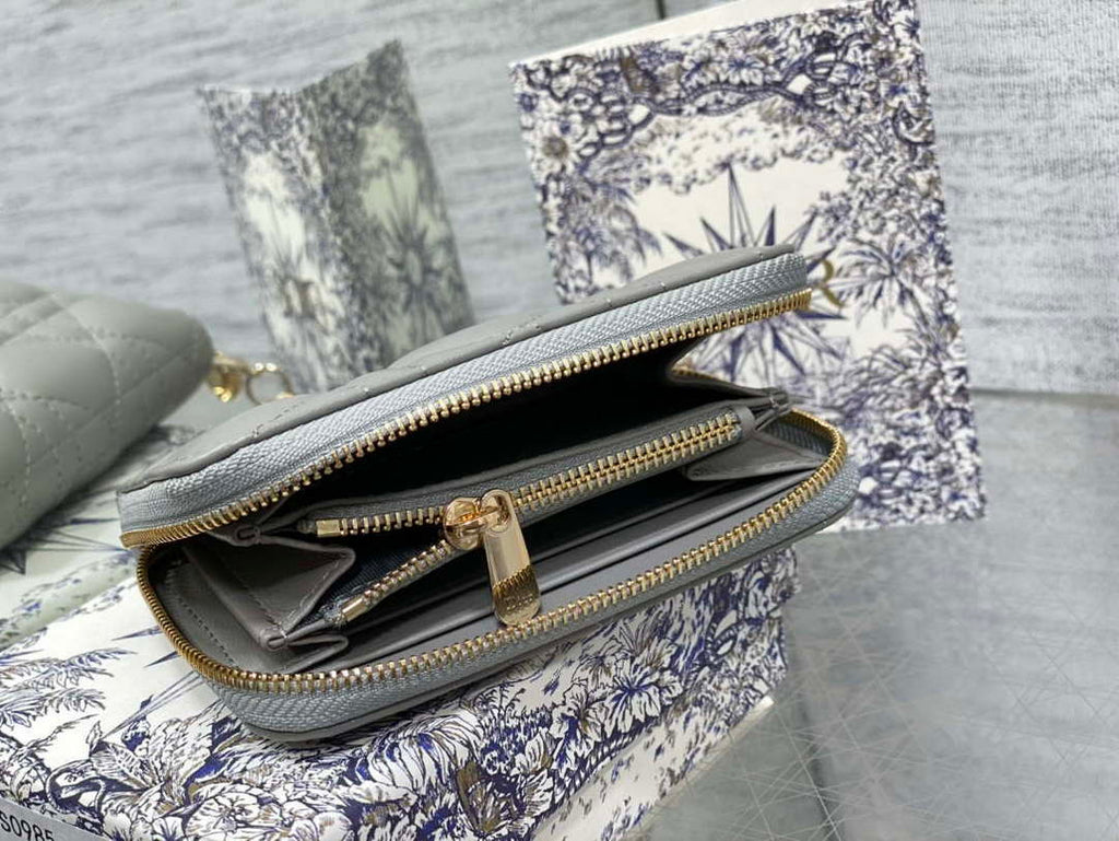 Dior S0011 Lady Dior Zipper Card Holder Medium Gray Cannage Lambskin