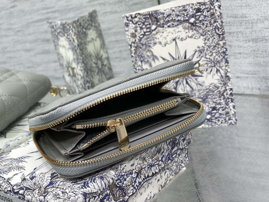 Dior S0011 Lady Dior Zipper Card Holder Medium Gray Cannage Lambskin