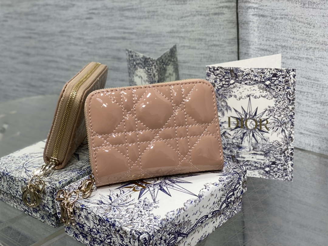 Dior S0011 Lady Dior Zipper Card Holder Medium Light Pink patent leather Lambskin - Default Title - View 1