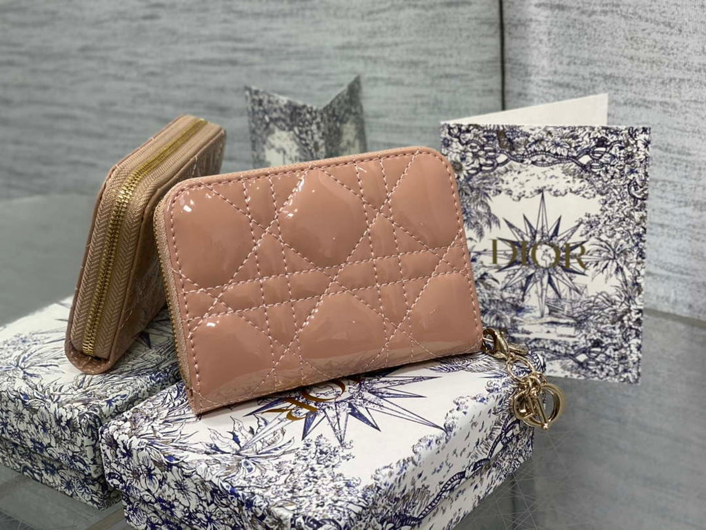 Dior S0011 Lady Dior Zipper Card Holder Medium Light Pink patent leather Lambskin