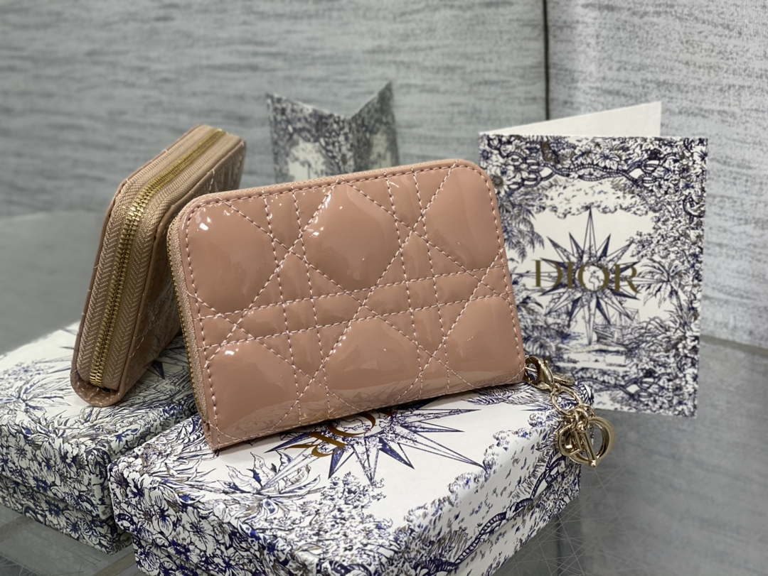 Dior S0011 Lady Dior Zipper Card Holder Medium Light Pink patent leather Lambskin - Default Title - View 2