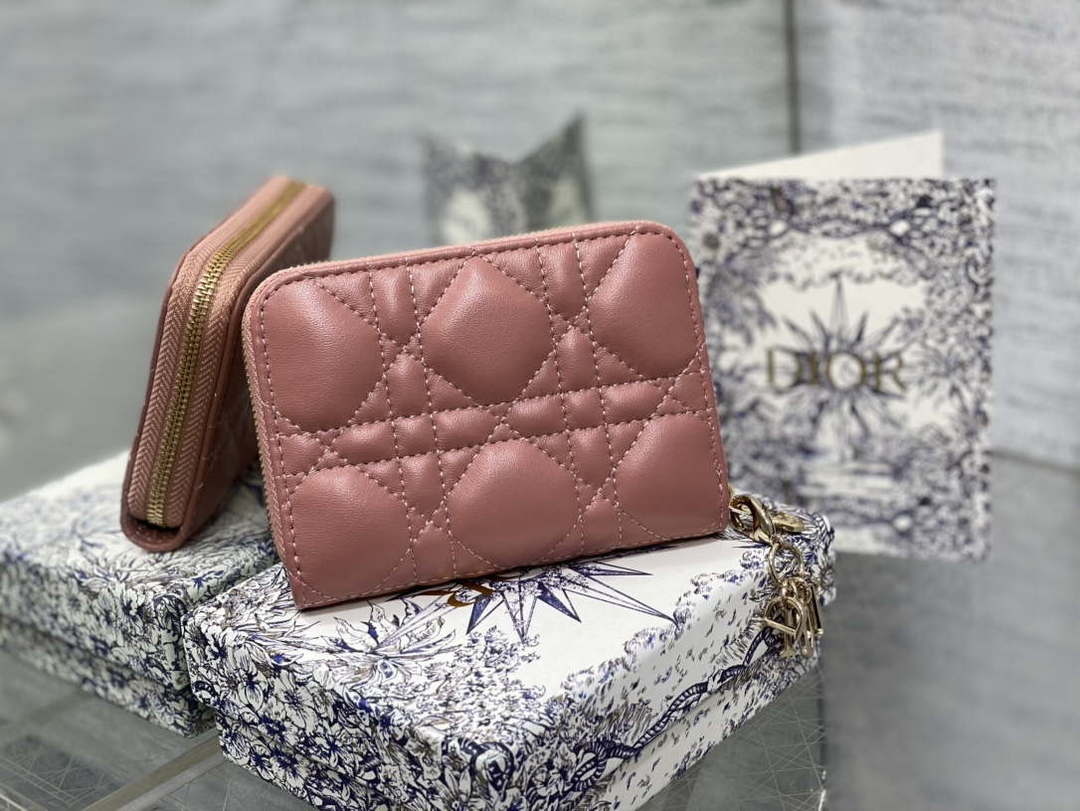 Dior S0011 Lady Dior Zipper Card Holder Medium Pink Cannage Lambskin - Default Title - View 1