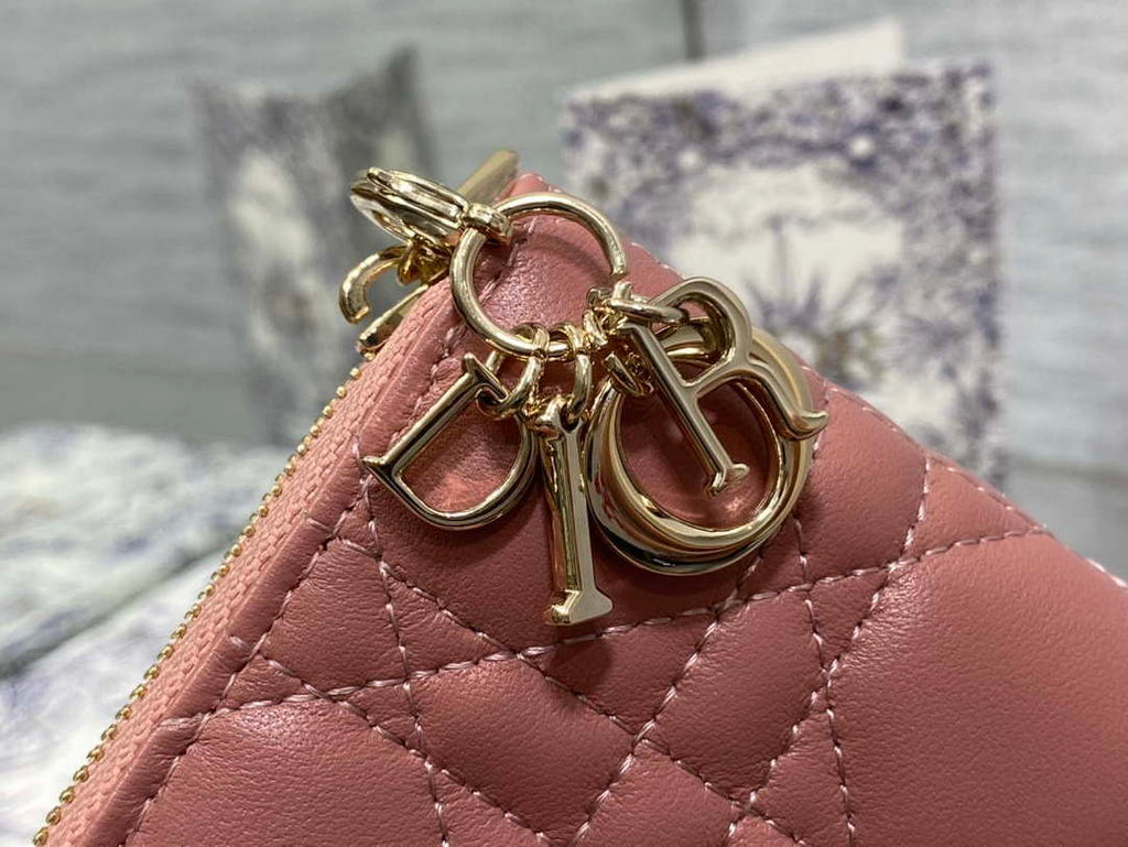 Dior S0011 Lady Dior Zipper Card Holder Medium Pink Cannage Lambskin